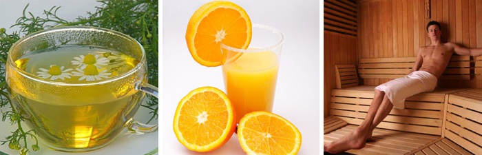 Отвар ромашки, апельсиновый сок и мужчина в сауне